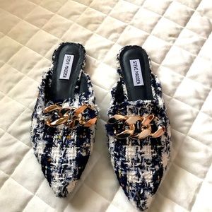 Tweed mules with chain detail